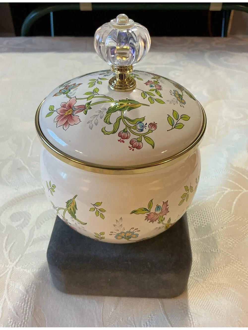 Cottagecore Floral Enamel Cream and Gold Tone Lidded Jar
